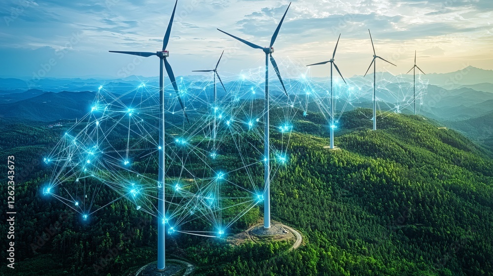 Poster ai-controlled wind turbine system optimizing energy output, smart grid technology, future renewable 
