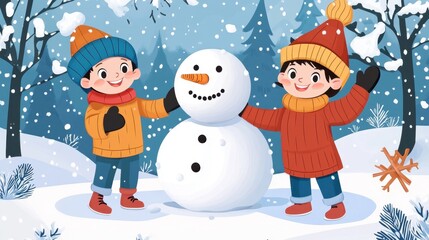 Two children building a snowman in the snow