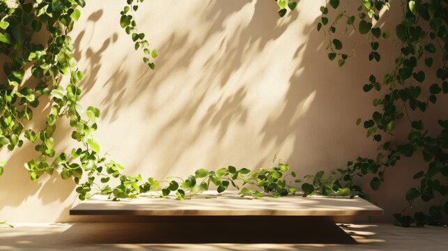 Minimalist product display with natural light and ivy backdrop