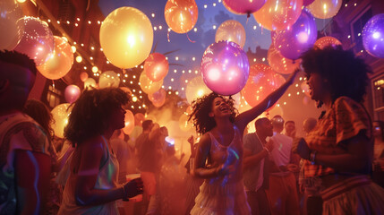 A massive street party where people of all ages and backgrounds dance together under a sky filled with oversized, glowing balloons, creating a vibrant and joyful atmosphere.
