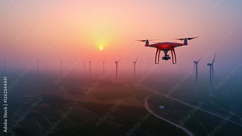 Poster drones inspecting wind turbines for maintenance, ai-driven renewable energy management, advanced gre