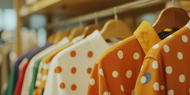 Polka Dot Paradise: A close-up shot of colorful polka dot shirts hanging on wooden hangers in a retail store, creating a visually captivating display of patterns and textures.