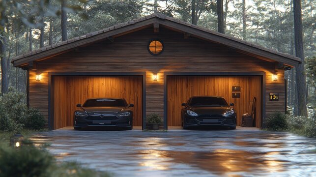 Luxurious double garage, forest setting, evening