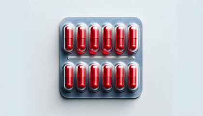 Medical A top-down view of two blister packs containing red capsules, positioned symmetrically on a white ba3