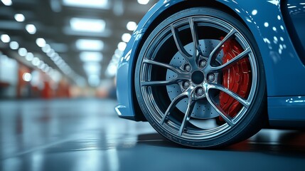 Performance car wheel close-up automotive workshop photography industrial environment detailed view engineering precision