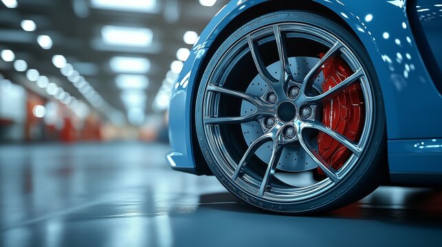 Performance car wheel close-up automotive workshop photography industrial environment detailed view engineering precision