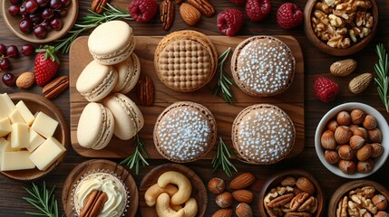 Wooden table adorned with food items like macaron
