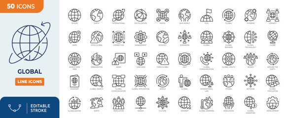 Global icon set. Containing globe, world, networking, globalization, internet, connection, worldwide and more. Outline Icon Collection. Vector illustration. Editable stroke
