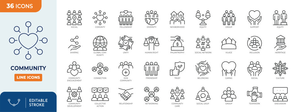 Community icon set. Containing people, friendship, social, diversity, village, relationships, support and more. Outline Icon Collection. Editable stroke. Vector illustration	