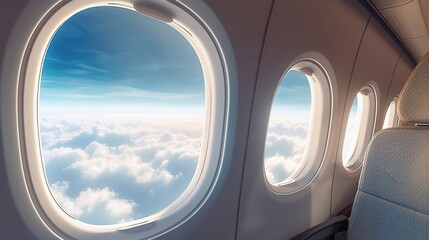 Scenic View from Airplane Window Over Beautiful Fluffy Clouds