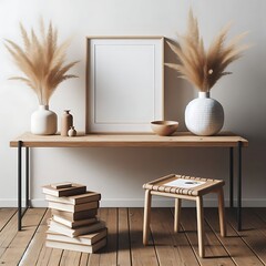 A Scandinavian interior features a vintage bench, table, and a modern white ceramic vase with dry grass, books, and a business card.