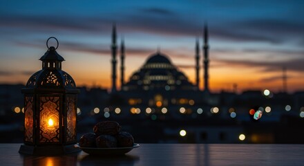 Fototapeta premium a lantern and dates on a table with a mosque in the background during twilight for ramadan
