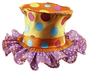 colorful clown style oversized party hat featuring polka dots and ruffled brim, perfect for festive celebrations and events. This whimsical accessory adds fun and joy to any occasion