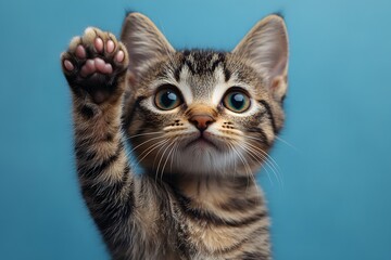 Obraz premium Adorable Kitten Raising Paw Against Blue Background for Pet-Themed Designs