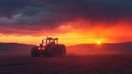 A modern tractor plowing a twilight field, its bright lights cutting through the dusk, showcasing innovation in agriculture and farming practices.