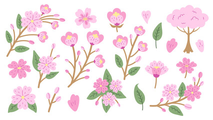 Cherry Blossom Spring Flowers Vector Set. Collection of hand drawn pink Sakura blooming plants branches twigs petals leaves. Springtime Hanami illustrations