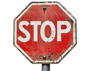 Classic stop sign with bold white letters on weathered red background, conveying sense of urgency and caution. Ideal for traffic related themes