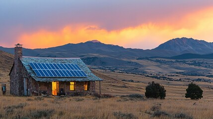 Solar panel installation on a remote off-grid cabin, self-sustaining eco-living, alternative energy solutions, stock photo with side copy space.
