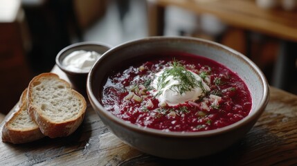 A bowl of borsht with sour cream and dill on the wooden table