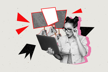 Art image poster photo collage of panic girl hold laptop hands hold picket cyberbully revolution concept society rights concept