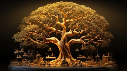 Intricate Wooden Tree Sculpture with Engravings and Miniatures