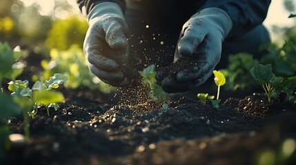 A close-up of a gardener’s gloved hands sprinkling organic fertilizer into freshly tilled soil, preparing it for planting, the air filled with the rich scent of earth and growth. --ar 16:9