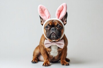 Adorable Dog Wearing Easter Bunny Ears and Bow Tie in Minimalist Festive Portrait