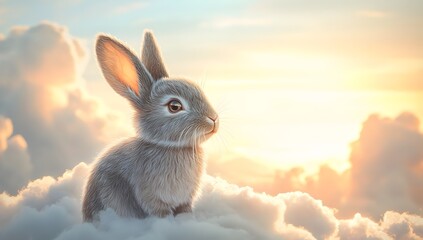 Adorable Gray Rabbit Bathed in Soft Sunlight with Fluffy Clouds and Dreamy Background