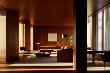 Fototapeta premium Modern living room with wood panels, sunlight and minimalist furniture in home
