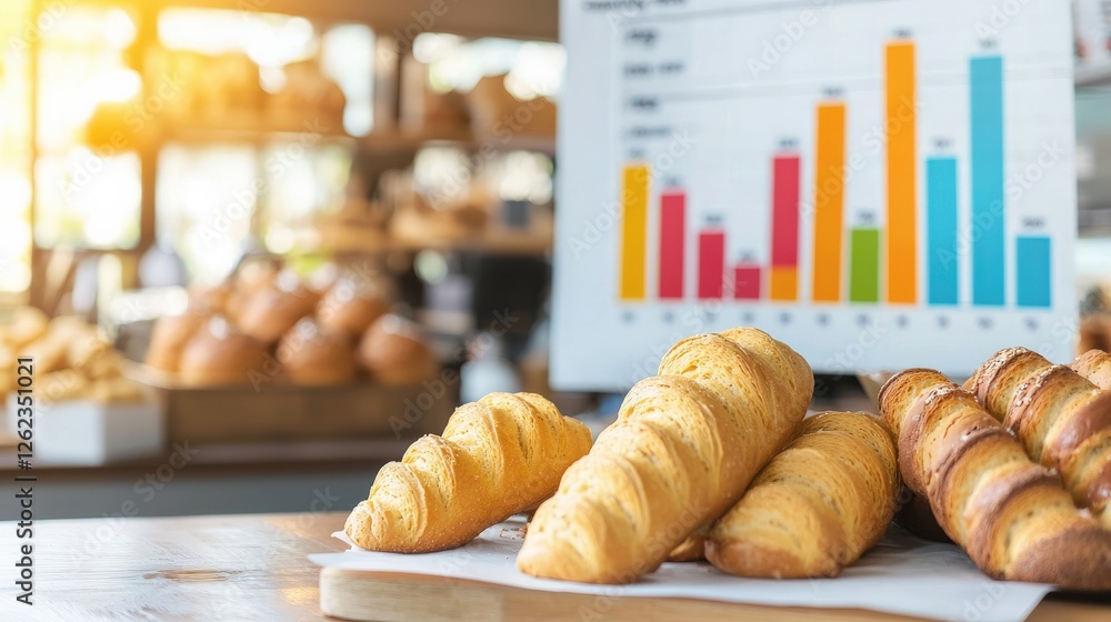 Poster a small bakery with a bar chart in the background showing sales growth.