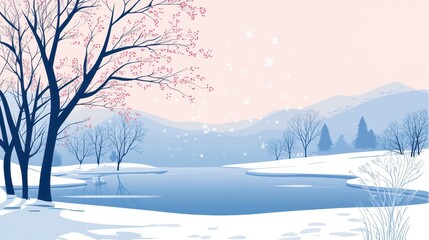 Snowy winter landscape with a frozen lake