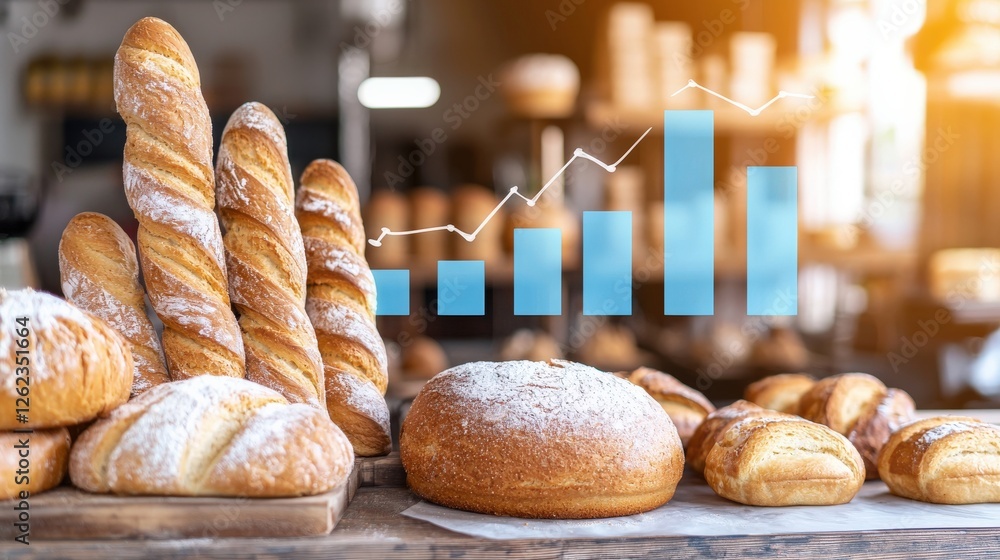 Poster a small bakery with a bar chart in the background showing sales growth.