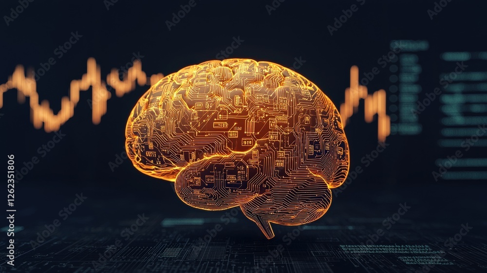 Poster financial success income mindset concept. illuminated brain with data visualization in the backgroun