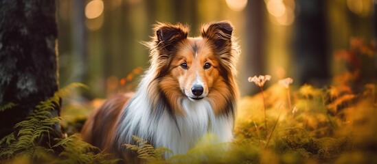 Naklejka premium Beautiful Shetland Sheepdog Surrounded by Autumn Forest Colors