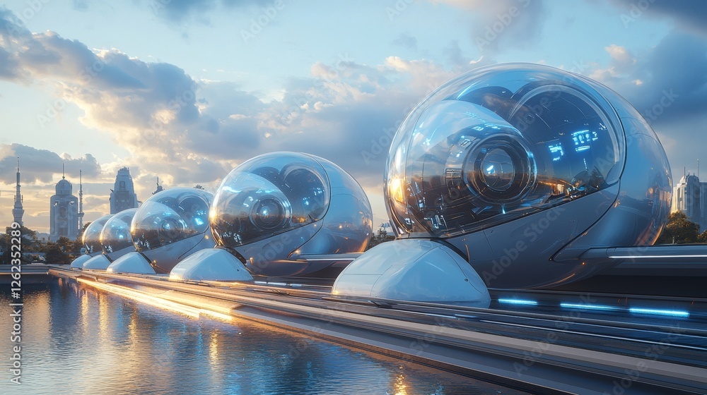 Poster a futuristic hyperloop station with electric pods ready for boarding, high-speed eco-friendly transp