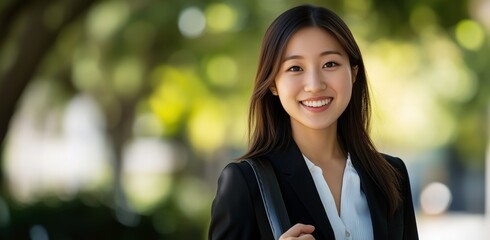 Confident and Ready: A young Asian woman exudes confidence and professionalism in her crisp suit, radiating a sense of preparedness and ambition.