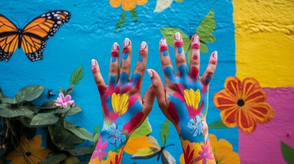 colorful painted hands in front of a decorated wall with a flower and butterflies with copy space 