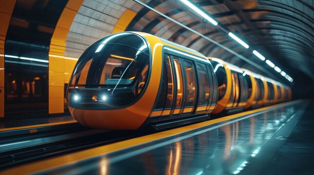 A futuristic hyperloop station with electric pods ready for boarding, high-speed eco-friendly transport, future mobility, stock photo with side copy space.