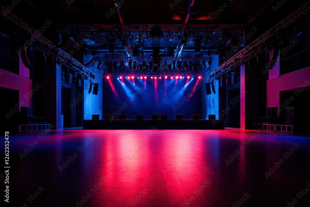 Poster empty concert stage illuminated for show in indoor event space with black background