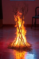 Vibrant Flames Erupting from Sticks and Hay Creating a Warm Glow in a Dimly Lit Indoor Space with Reflections on the Glossy Floor