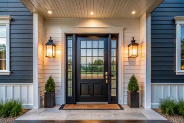 Black front door, glass accents, & lights on white farmhouse siding.