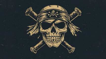 Caribbean pirates icon with skull and crossed sabers. Vector emblem with jolly roger in eye patch and bandana. Filibusters toothy sailor skeleton head, isolated vintage label, graphic design element