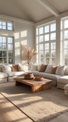 Fototapeta premium Natural light floods this Scandinavian inspired living room, showcasing minimal decor, a spacious sectional sofa, and a wooden coffee table. Warm earth tones enhance the cozy vibe