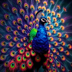 Obraz premium A stunning peacock showcases its vibrant, multicolored plumage, fanning out in a dazzling array of blues, purples, and greens.