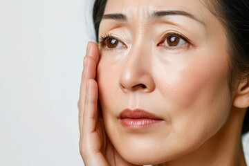 Contemplative Woman: Close-up portrait of a mature Asian woman gently touching her face, conveying a sense of thoughtful introspection and quiet contemplation. Her expression is subtle yet poignant.