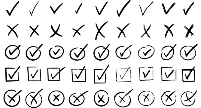 Check marks doodle set. Vote, yes, no, checkbox, checklist, tick and cross signs, v and x drawn concept. Hand drawn doodle sketch style vector illustration 