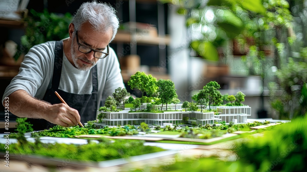 Poster an architect designing a green building model with sustainable materials, cutting-edge eco-friendly 