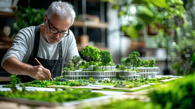 An architect designing a green building model with sustainable materials, cutting-edge eco-friendly construction, future of architecture, stock photo with side copy space.