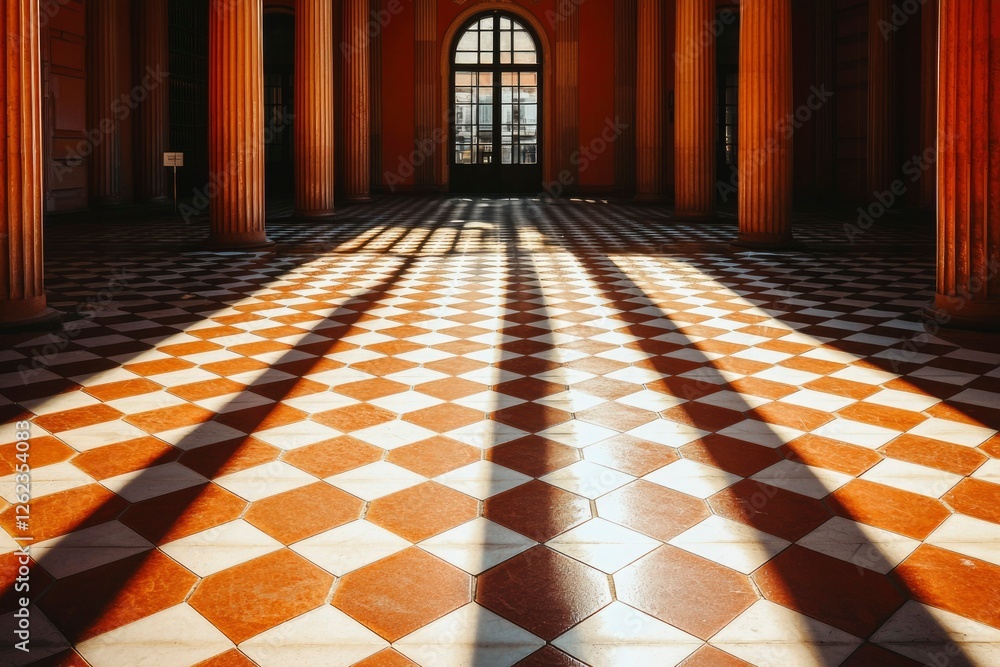 Poster sunlight shines through window casting shadows on tiled floor in grand hall