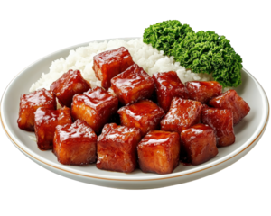 plate of caramelized pork belly served with sticky rice and greens, showcasing delicious and savory meal. rich glaze enhances visual appeal and flavor